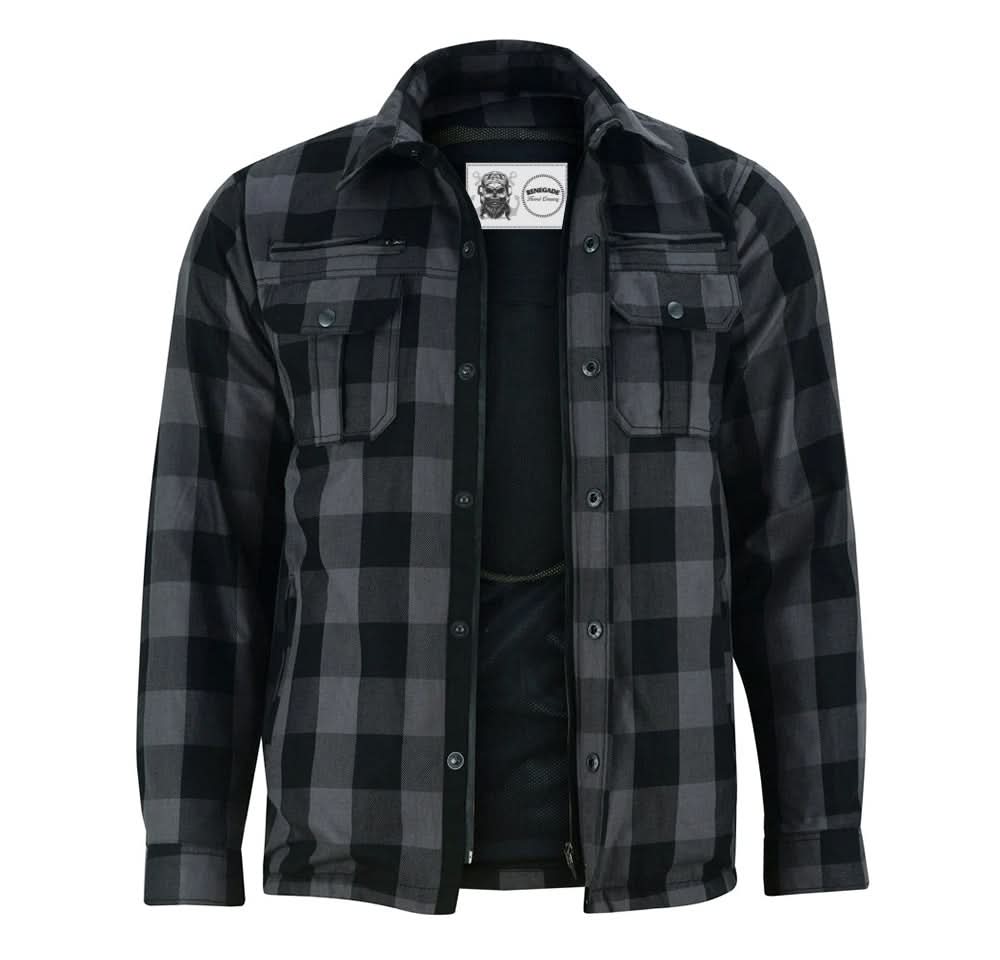 Alpha Check Men's  Armored Motorcycle Flannel Shirt - Gray/Black