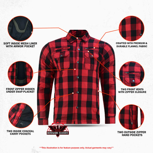Alpha Check Men's  Armored Motorcycle Flannel Shirt - Red/Black
